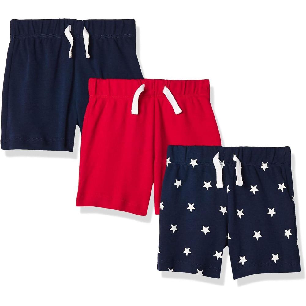 imageAmazon Essentials Unisex Babies Cotton PullOn Shorts MultipacksNavyRedStars