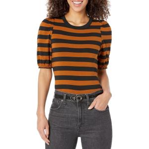 imageAmazon Essentials Womens ClassicFit Puff ShortSleeve Crewneck TShirtBlack Brown Placed Stripe