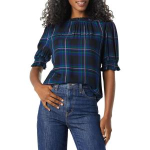 imageAmazon Essentials Womens Fluid Twill Short Puff Sleeve Smock Detail ShirtBlack Multi Chelsea Tartan