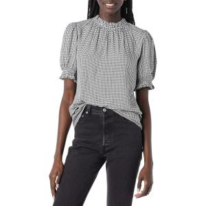 imageAmazon Essentials Womens Fluid Twill Short Puff Sleeve Smock Detail ShirtBlack White Mini Gingham