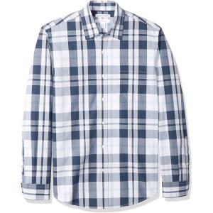 imageAmazon Essentials Mens SlimFit LongSleeve Poplin ShirtWhite Navy Large Plaid