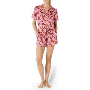 imageAmazon Essentials Womens Satin Sleeve ButtonDown Top and Short Sleepwear SetBrick Red Fan Floral