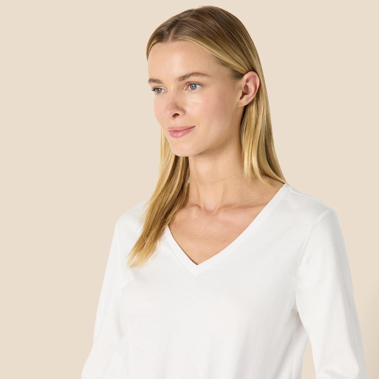 imageAmazon Essentials Womens 100 Cotton RegularFit LongSleeve VNeck TShirtWhite