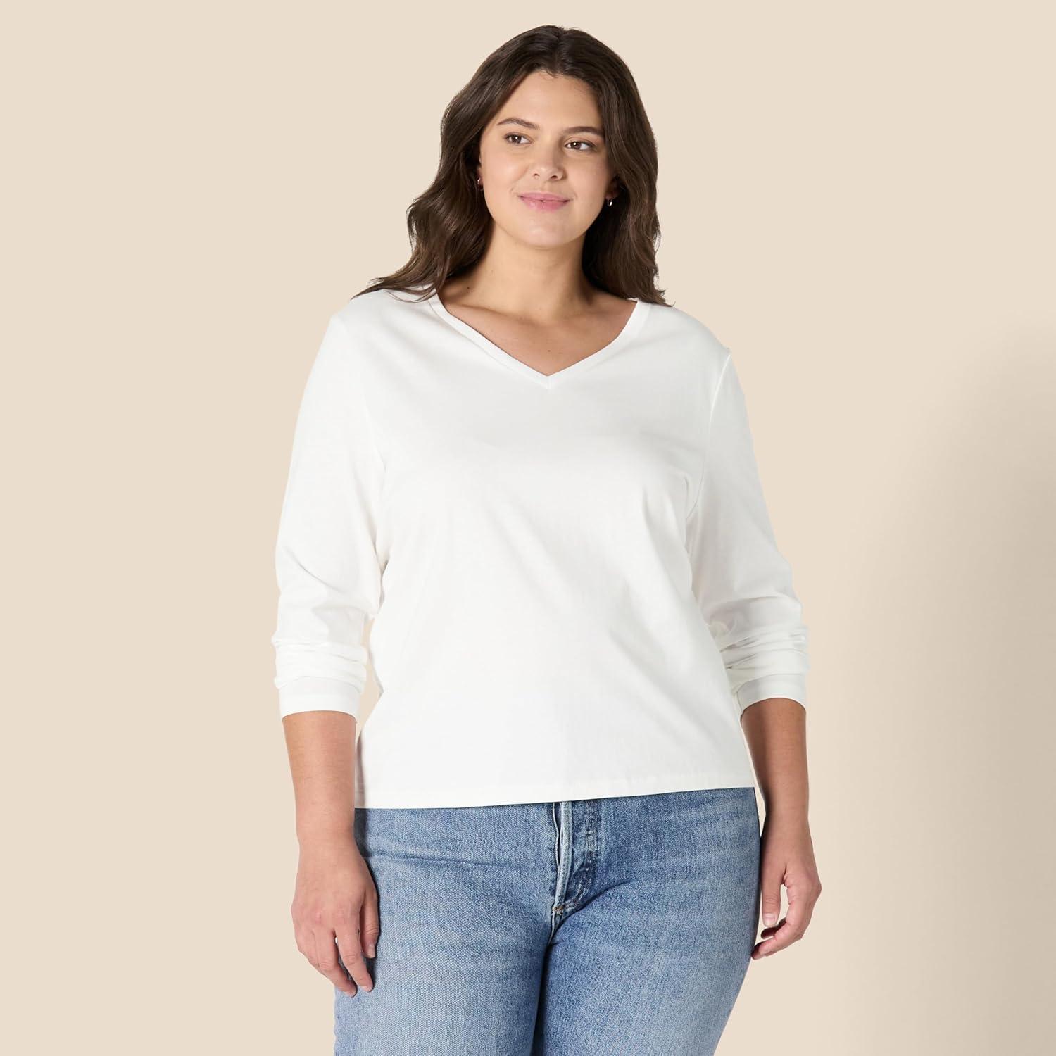 imageAmazon Essentials Womens 100 Cotton RegularFit LongSleeve VNeck TShirtWhite