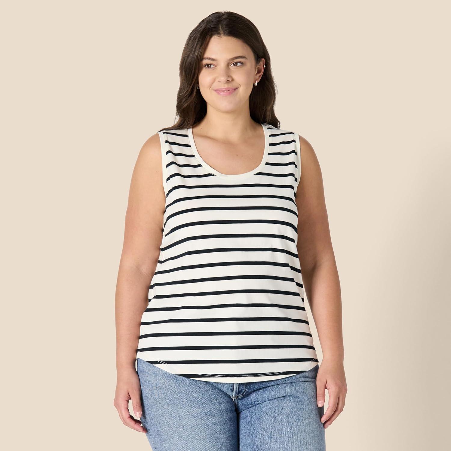 imageAmazon Essentials Womens RegularFit 100 Cotton Sleeveless Tank Top Pack of 2BlackMariner Stripe