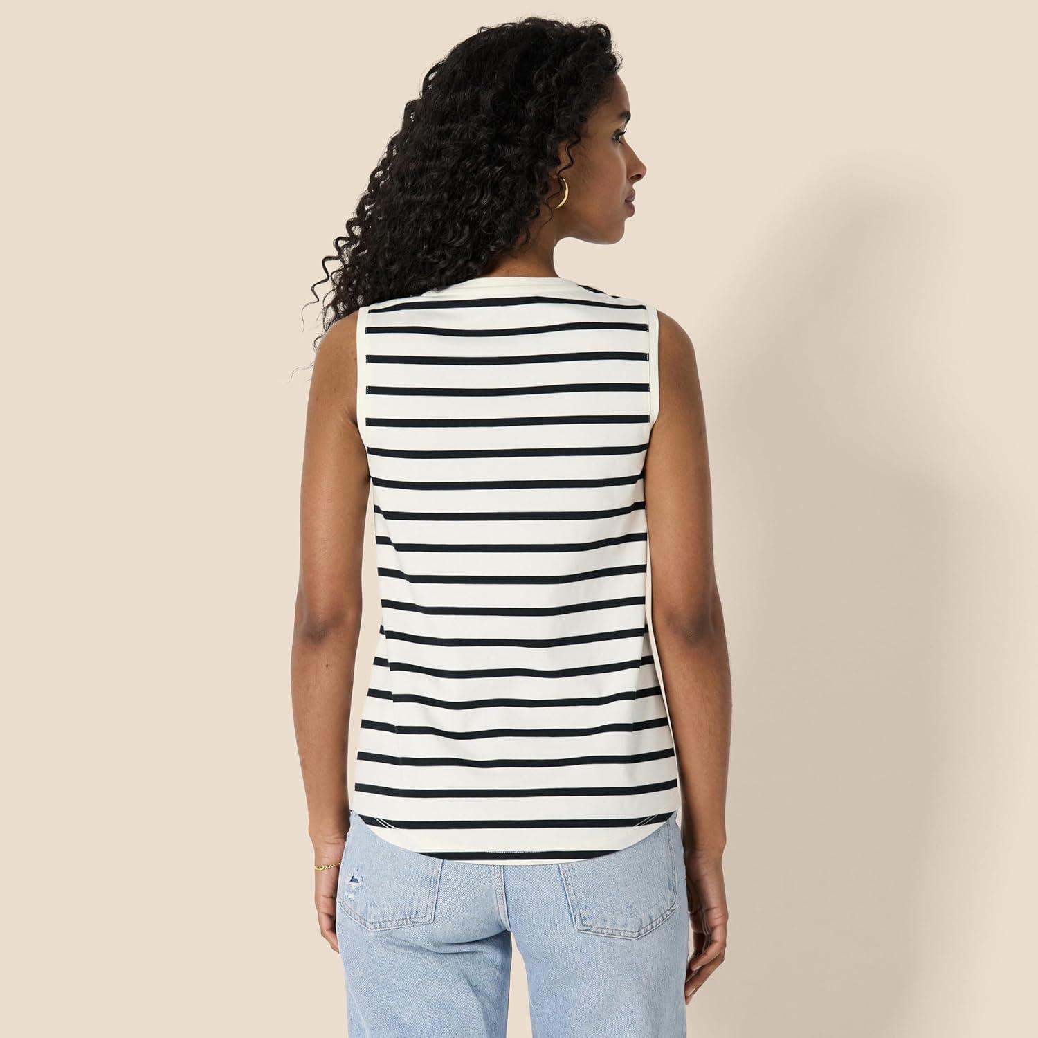 imageAmazon Essentials Womens RegularFit 100 Cotton Sleeveless Tank Top Pack of 2BlackMariner Stripe