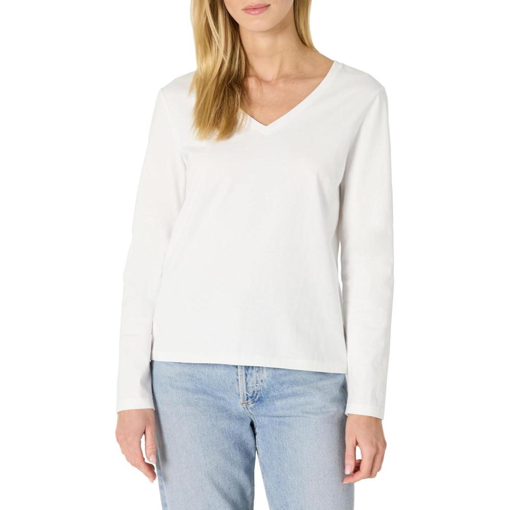 imageAmazon Essentials Womens 100 Cotton RegularFit LongSleeve VNeck TShirtWhite