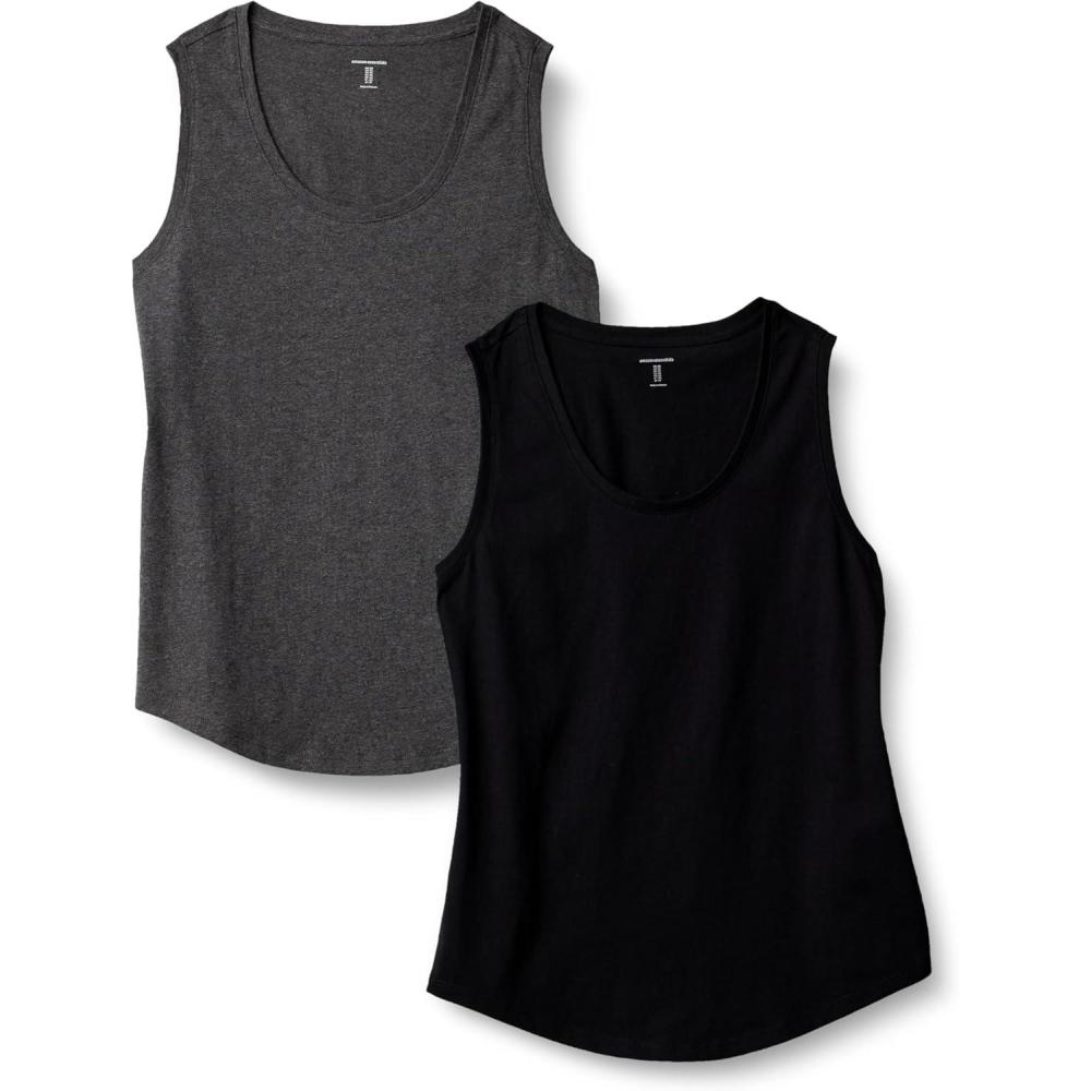 imageAmazon Essentials Womens RegularFit 100 Cotton Sleeveless Tank Top Pack of 2BlackCharcoal Heather
