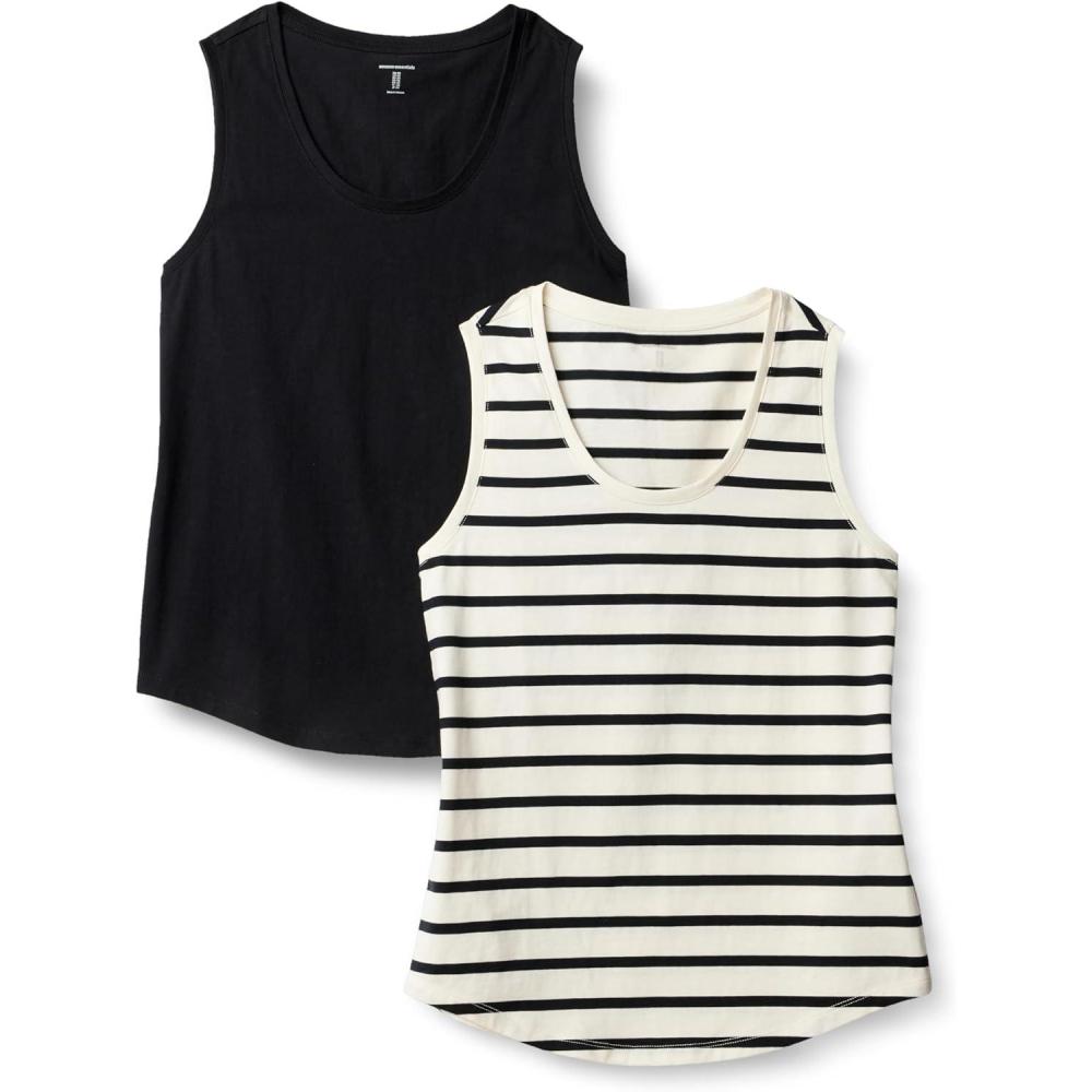 imageAmazon Essentials Womens RegularFit 100 Cotton Sleeveless Tank Top Pack of 2BlackMariner Stripe