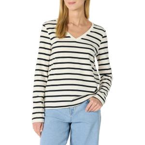 imageAmazon Essentials Womens 100 Cotton RegularFit LongSleeve VNeck TShirtEggshell White Black Mariner Stripe