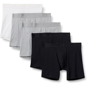 imageAmazon Essentials Mens Cotton Jersey Boxer Shorts Underwear Pack of 5Grey HeatherBlackWhite