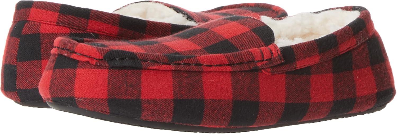 imageAmazon Essentials Mens Microsuede Moccasin SlippersBlack Red Buffalo Check