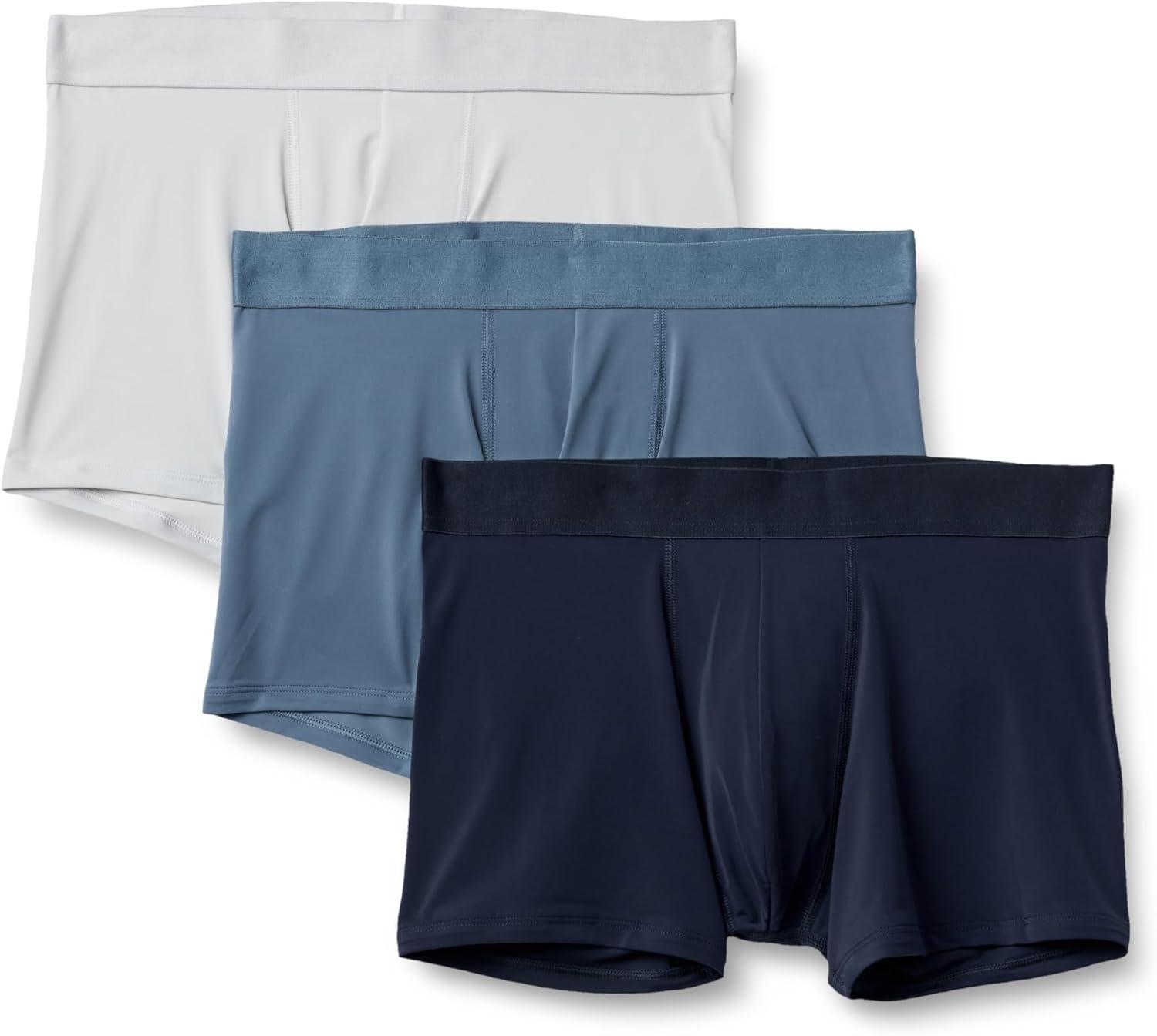 imageAmazon Essentials Mens Microfiber Boxer Shorts Underwear Pack of 3Navy BlueBlueLight Grey