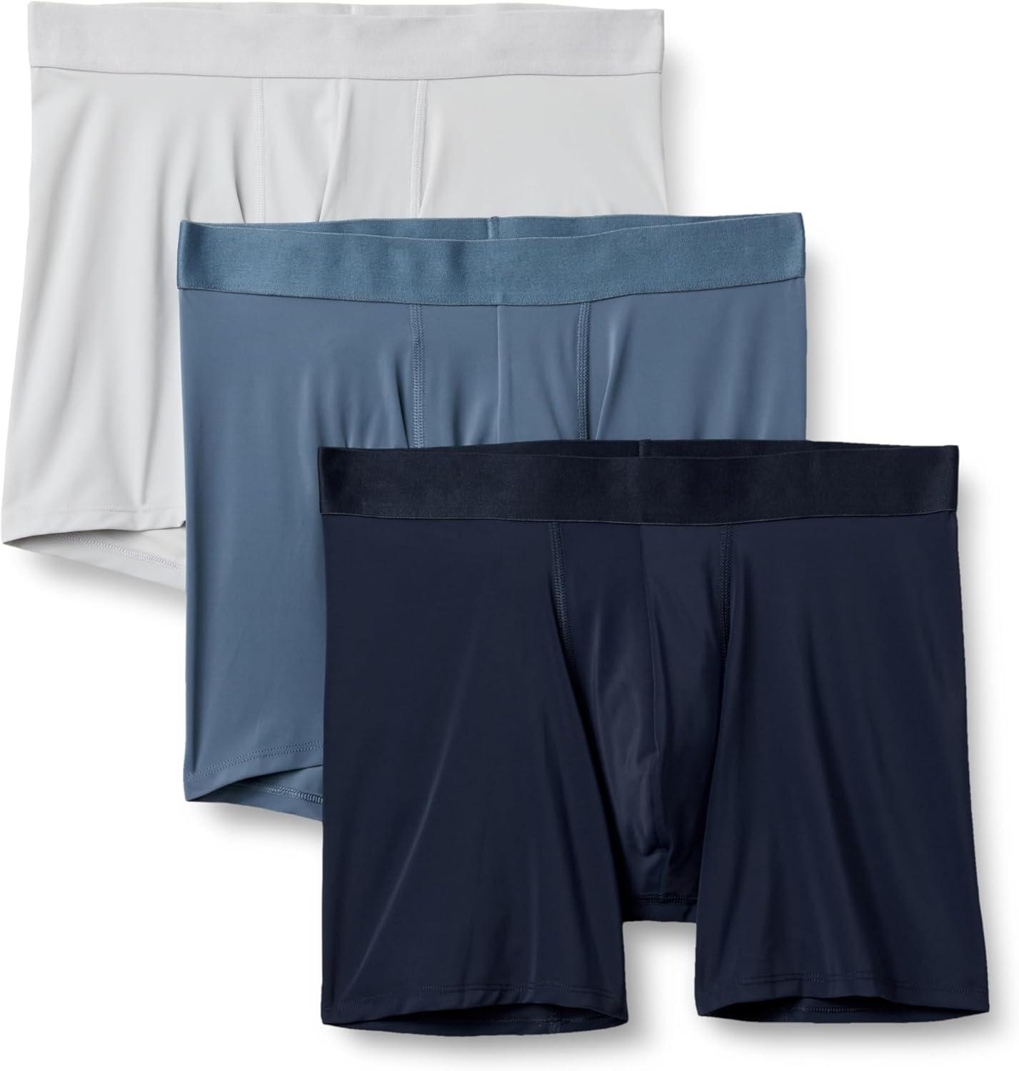 imageAmazon Essentials Mens Microfiber Boxer Shorts Underwear Pack of 3Navy BlueBlueLight Grey
