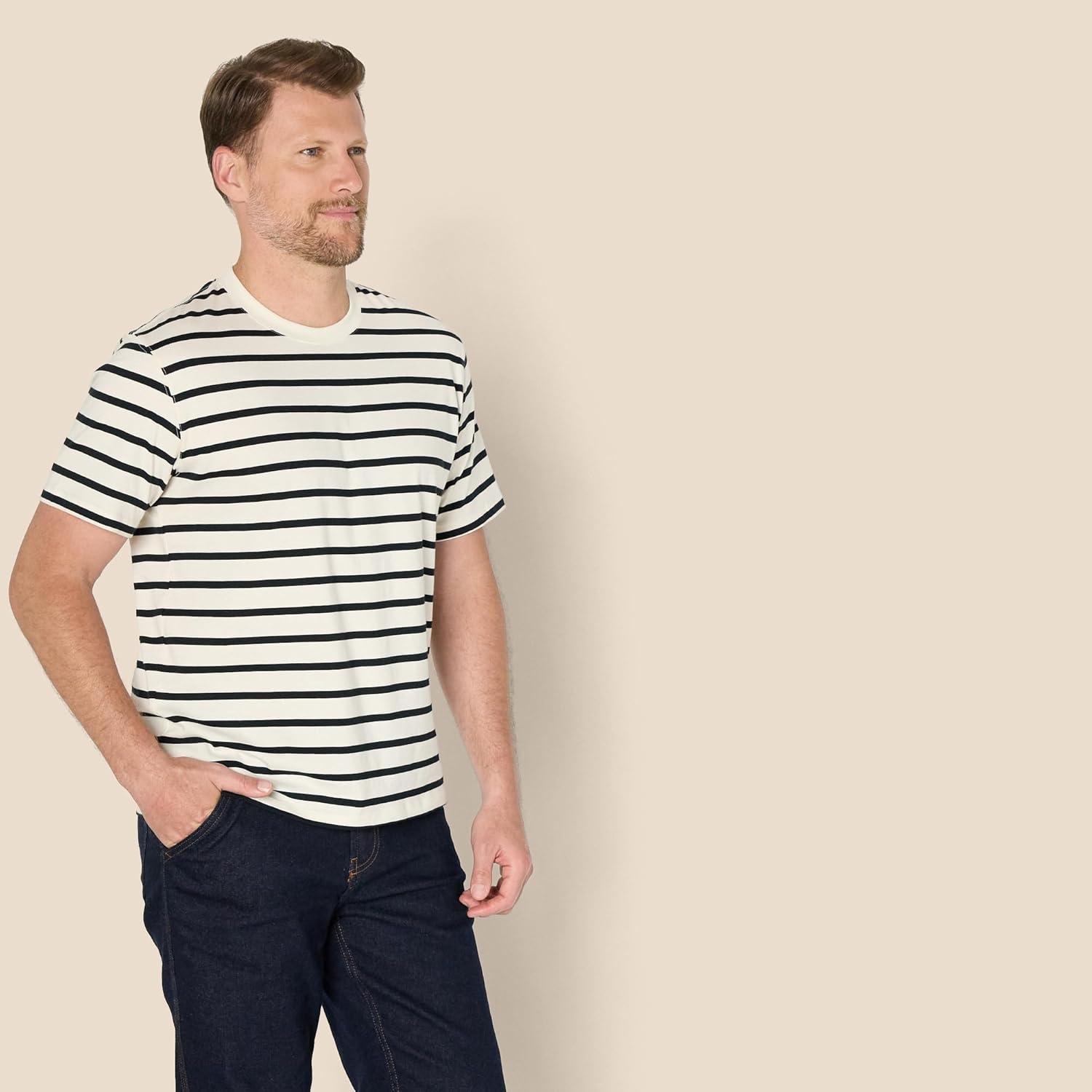 imageAmazon Essentials Mens Relaxed Fit TShirtEggshell White Black Mariner Stripe