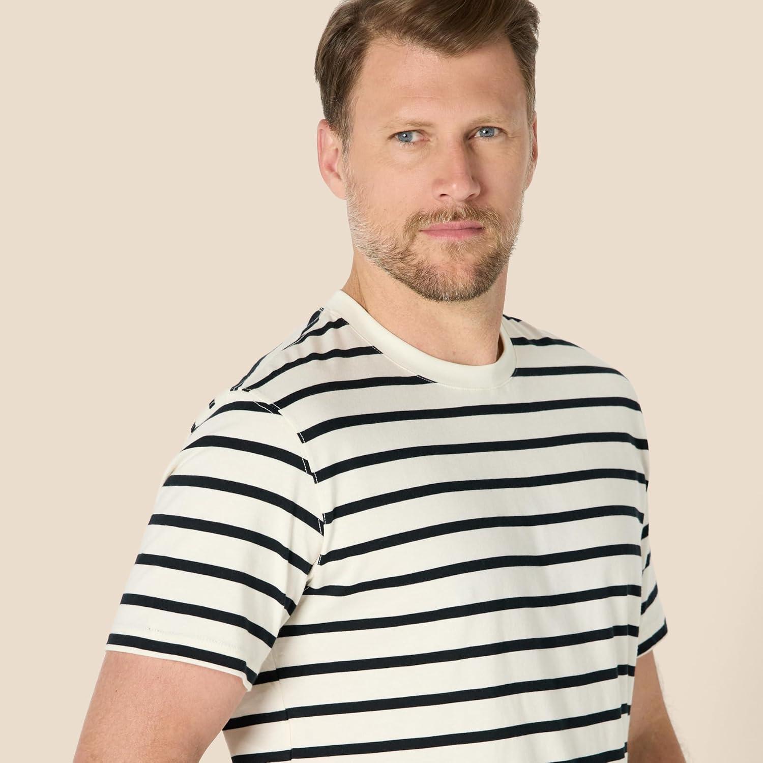 imageAmazon Essentials Mens Relaxed Fit TShirtEggshell White Black Mariner Stripe