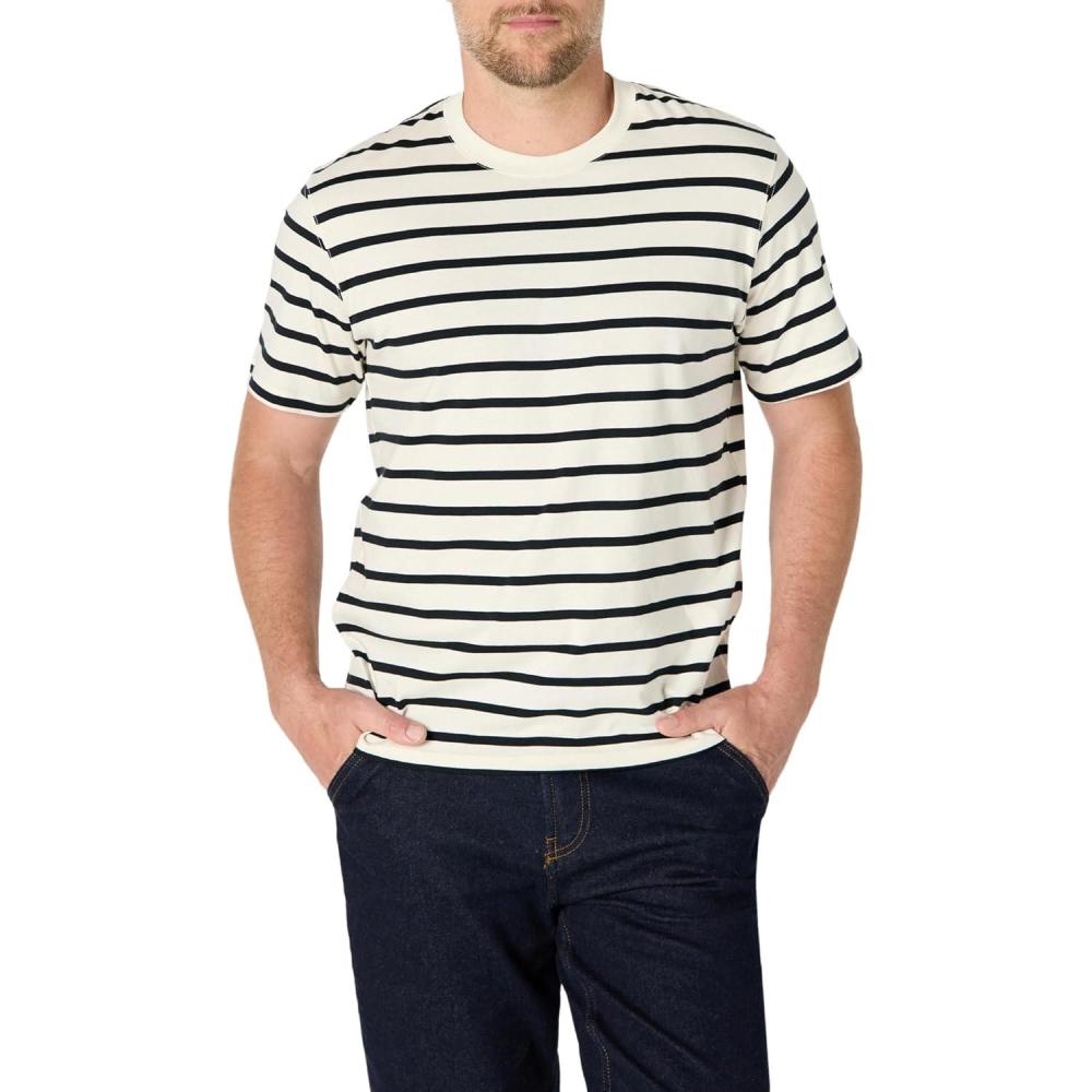 imageAmazon Essentials Mens Relaxed Fit TShirtEggshell White Black Mariner Stripe
