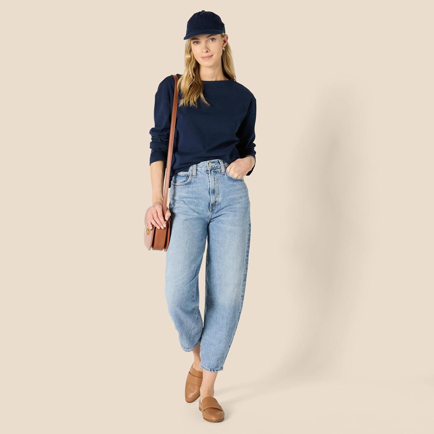 imageAmazon Essentials Womens 100 Cotton Heavyweight LongSleeve Boatneck TopNavy