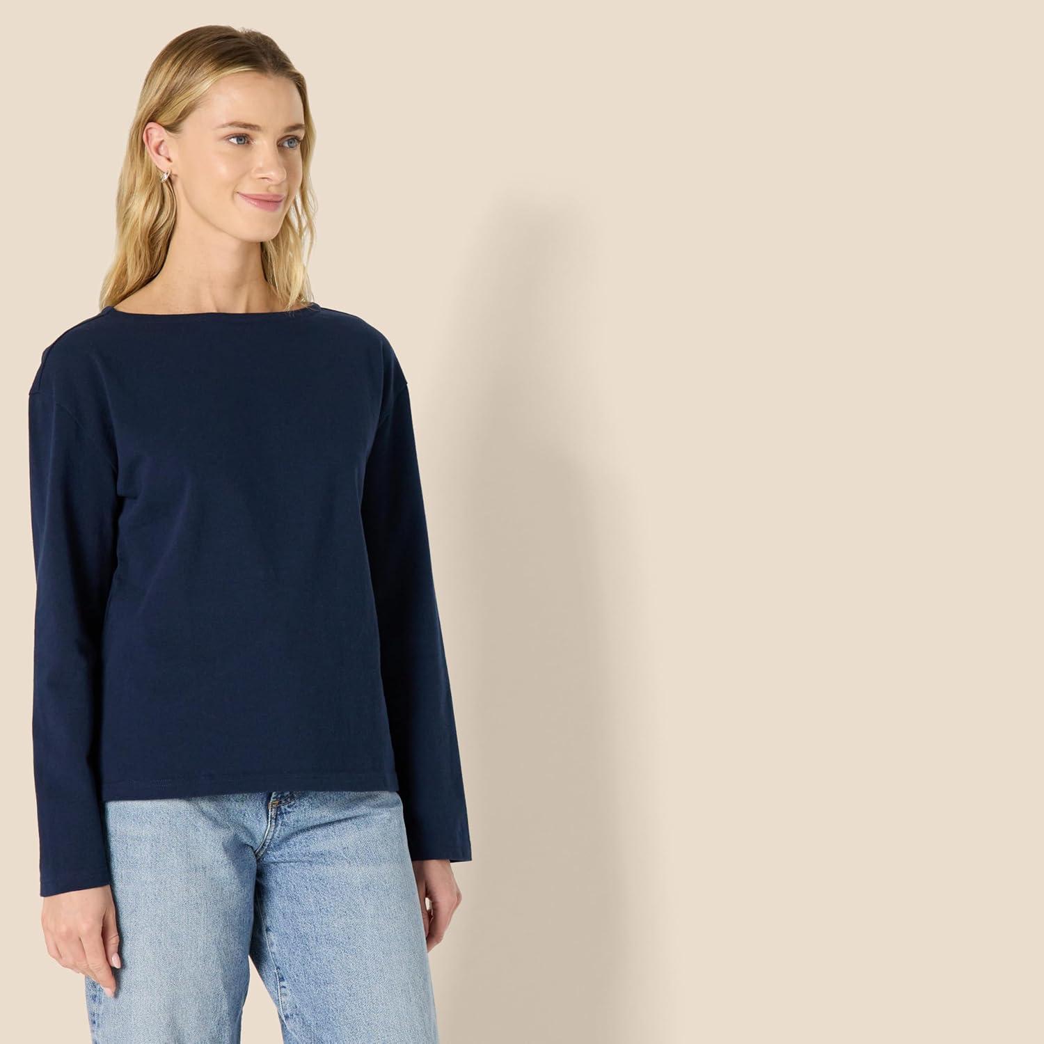 imageAmazon Essentials Womens 100 Cotton Heavyweight LongSleeve Boatneck TopNavy