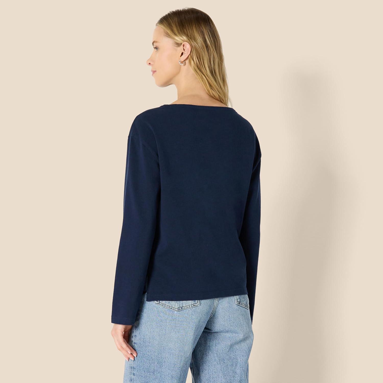 imageAmazon Essentials Womens 100 Cotton Heavyweight LongSleeve Boatneck TopNavy