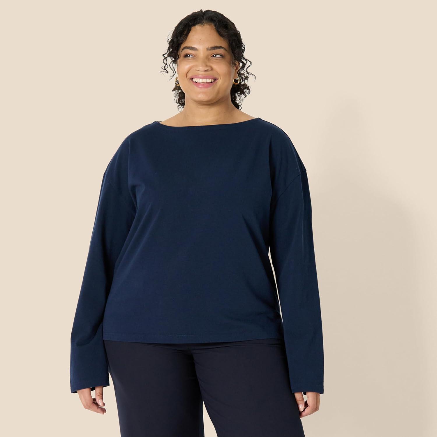 imageAmazon Essentials Womens 100 Cotton Heavyweight LongSleeve Boatneck TopNavy