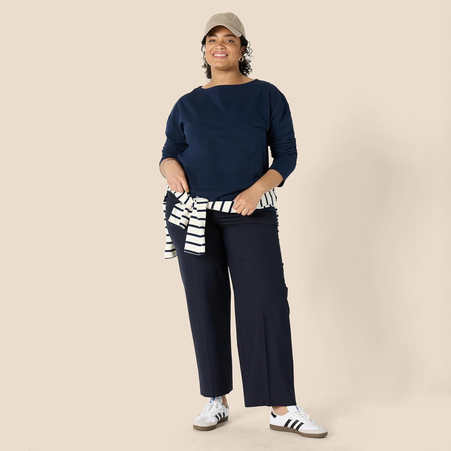 imageAmazon Essentials Womens 100 Cotton Heavyweight LongSleeve Boatneck TopNavy