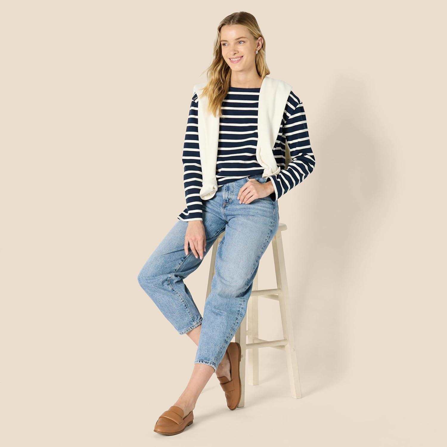 imageAmazon Essentials Womens 100 Cotton Heavyweight LongSleeve Boatneck TopNavy Eggshell White Mariner Stripe