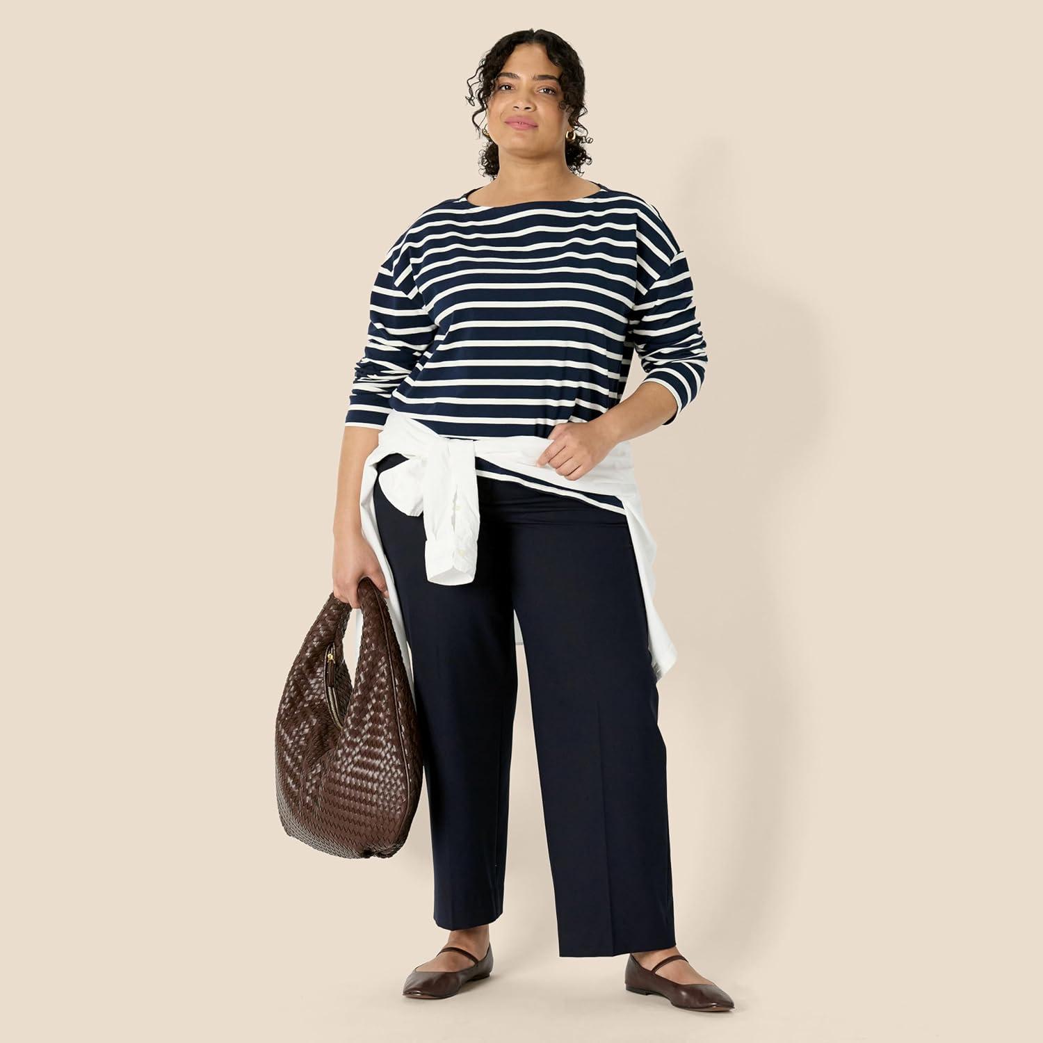 imageAmazon Essentials Womens 100 Cotton Heavyweight LongSleeve Boatneck TopNavy Eggshell White Mariner Stripe