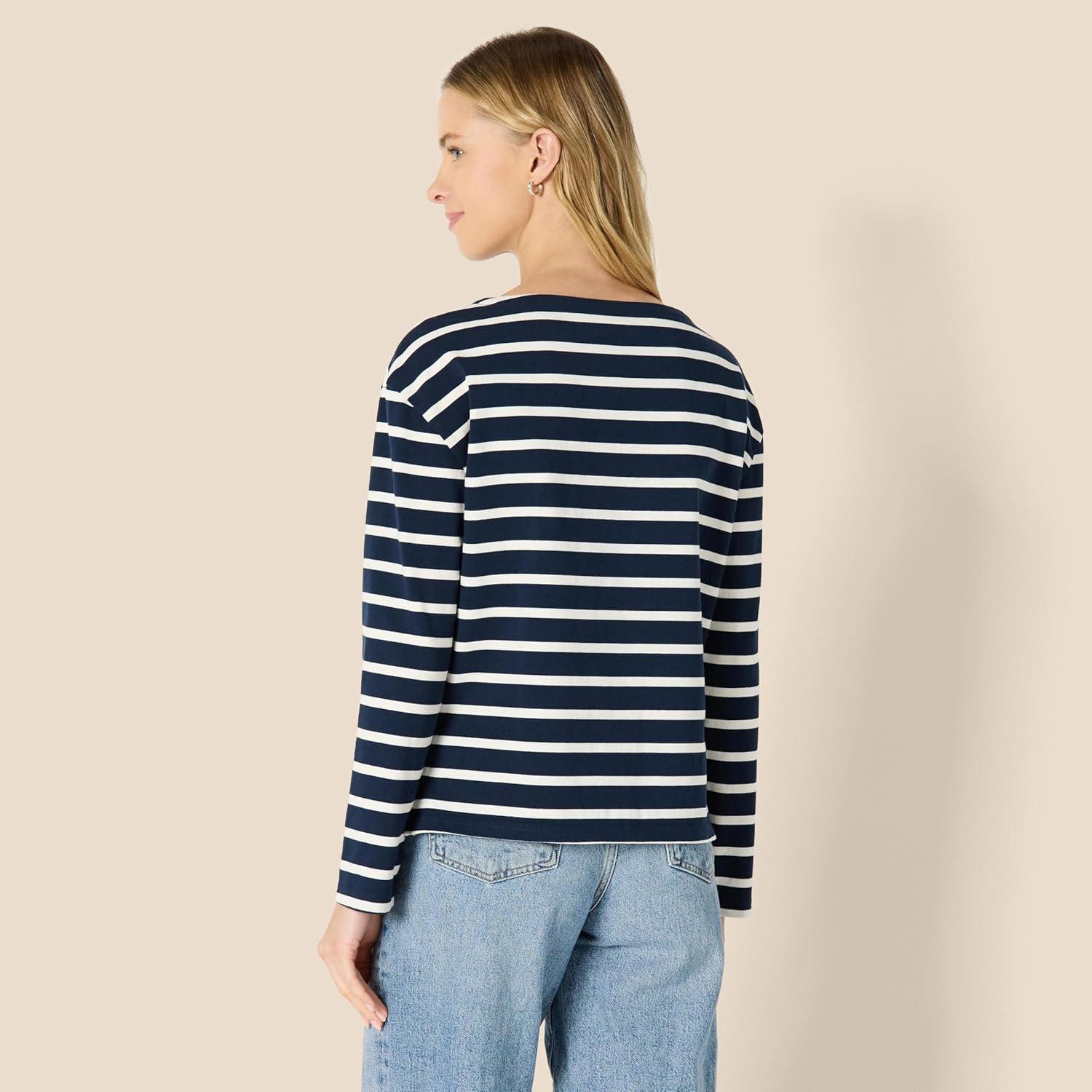 imageAmazon Essentials Womens 100 Cotton Heavyweight LongSleeve Boatneck TopNavy Eggshell White Mariner Stripe