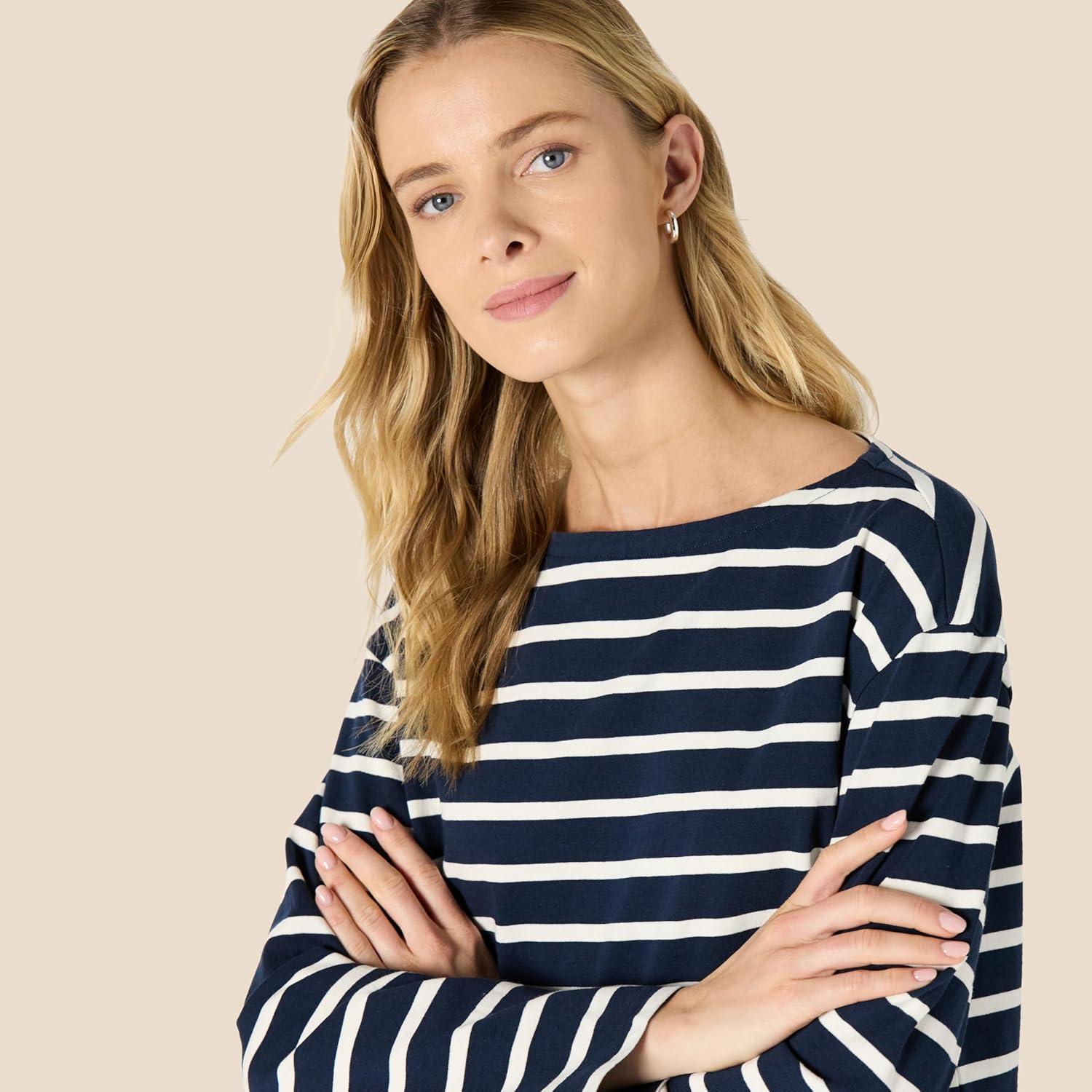 imageAmazon Essentials Womens 100 Cotton Heavyweight LongSleeve Boatneck TopNavy Eggshell White Mariner Stripe