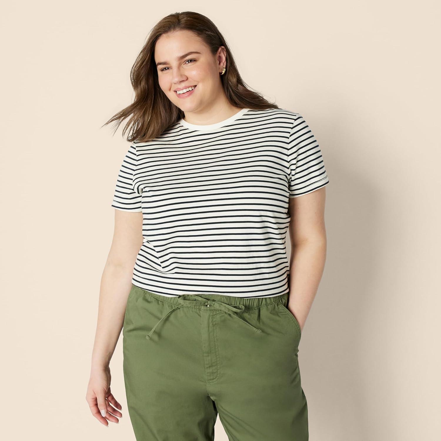 imageAmazon Essentials Womens Regular Fit 100 Cotton Crewneck Short Sleeve TShirtEggshell White Black French Stripe