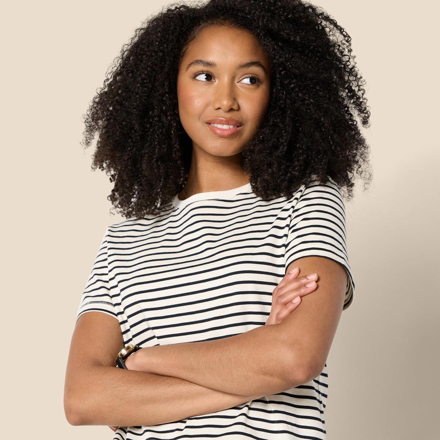 imageAmazon Essentials Womens Regular Fit 100 Cotton Crewneck Short Sleeve TShirtEggshell White Black French Stripe