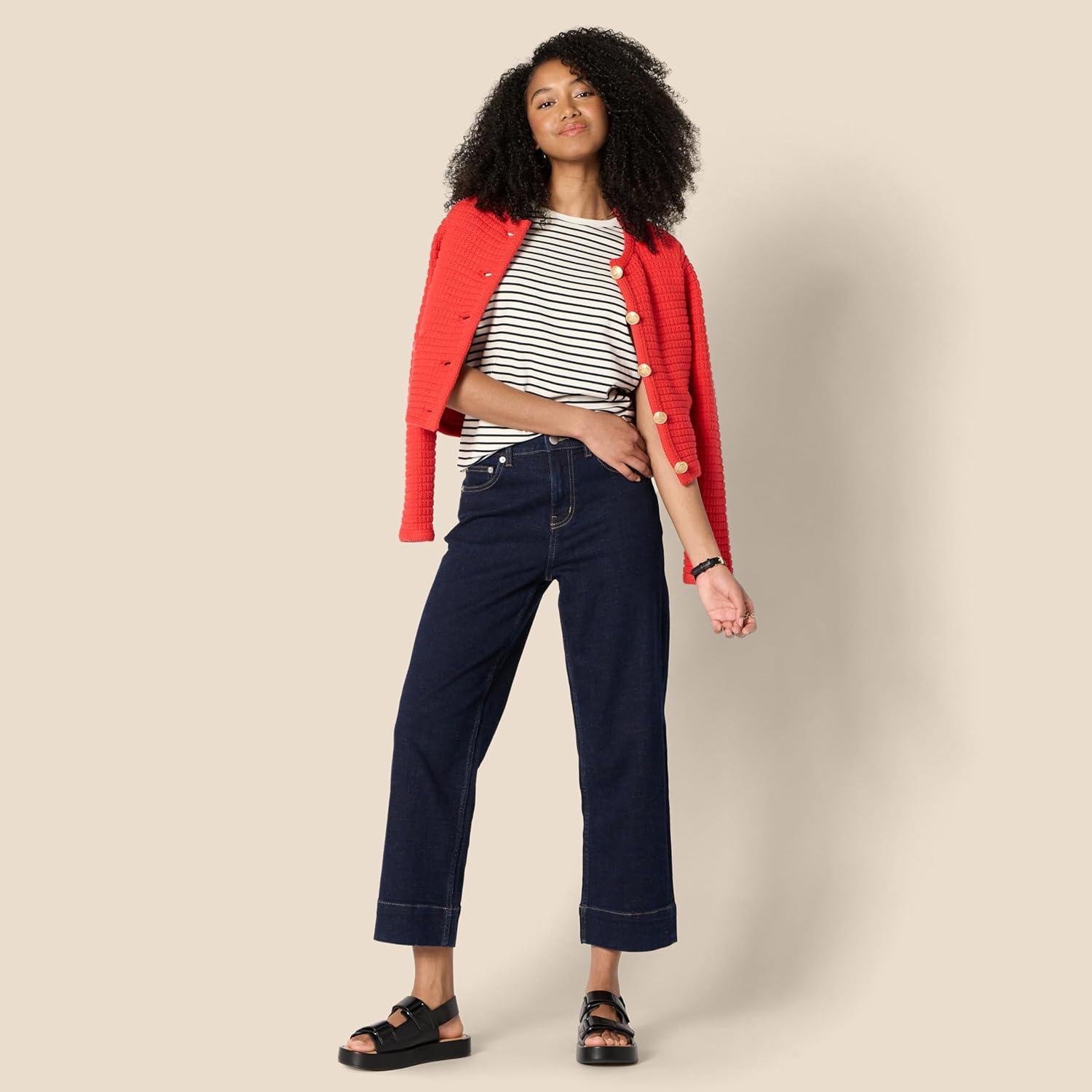 imageAmazon Essentials Womens Regular Fit 100 Cotton Crewneck Short Sleeve TShirtEggshell White Black French Stripe