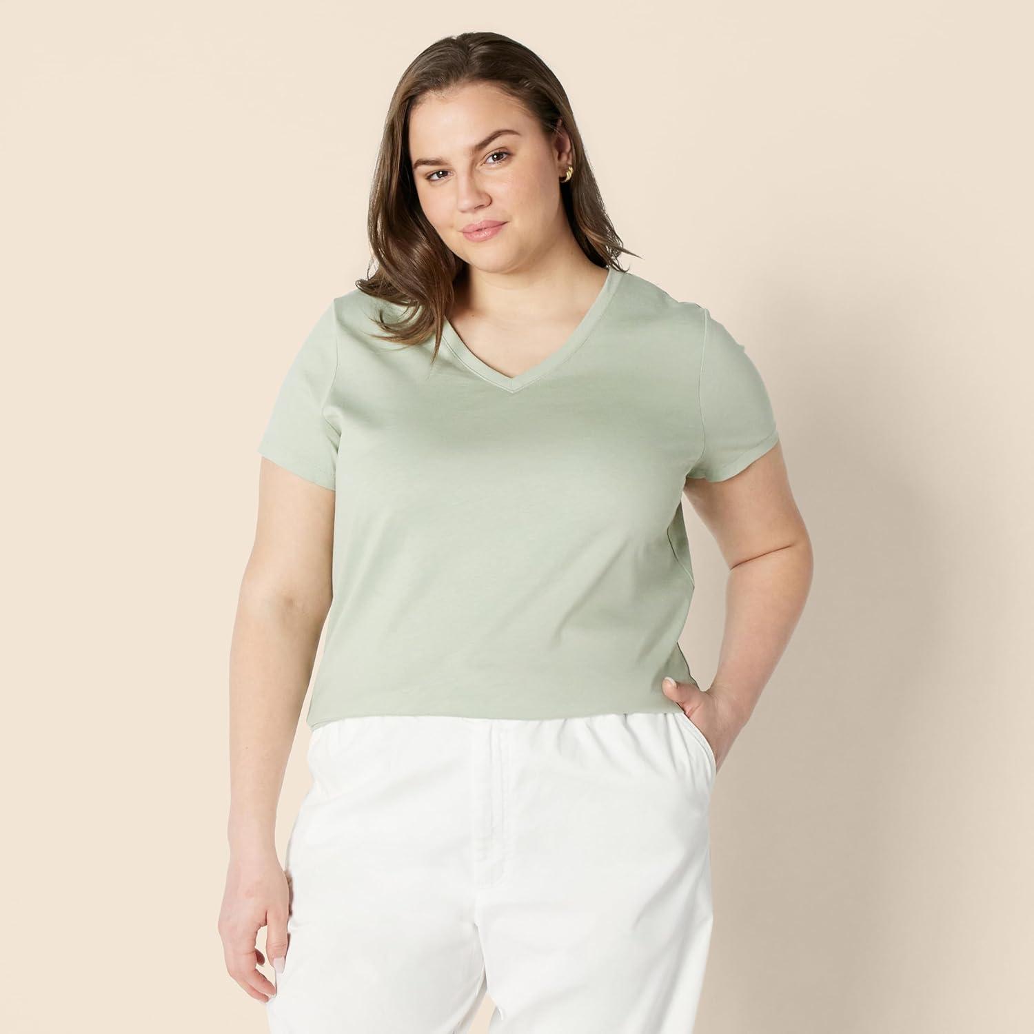 imageAmazon Essentials Womens Regular Fit 100 Cotton VNeck Short Sleeve TShirtSage Green