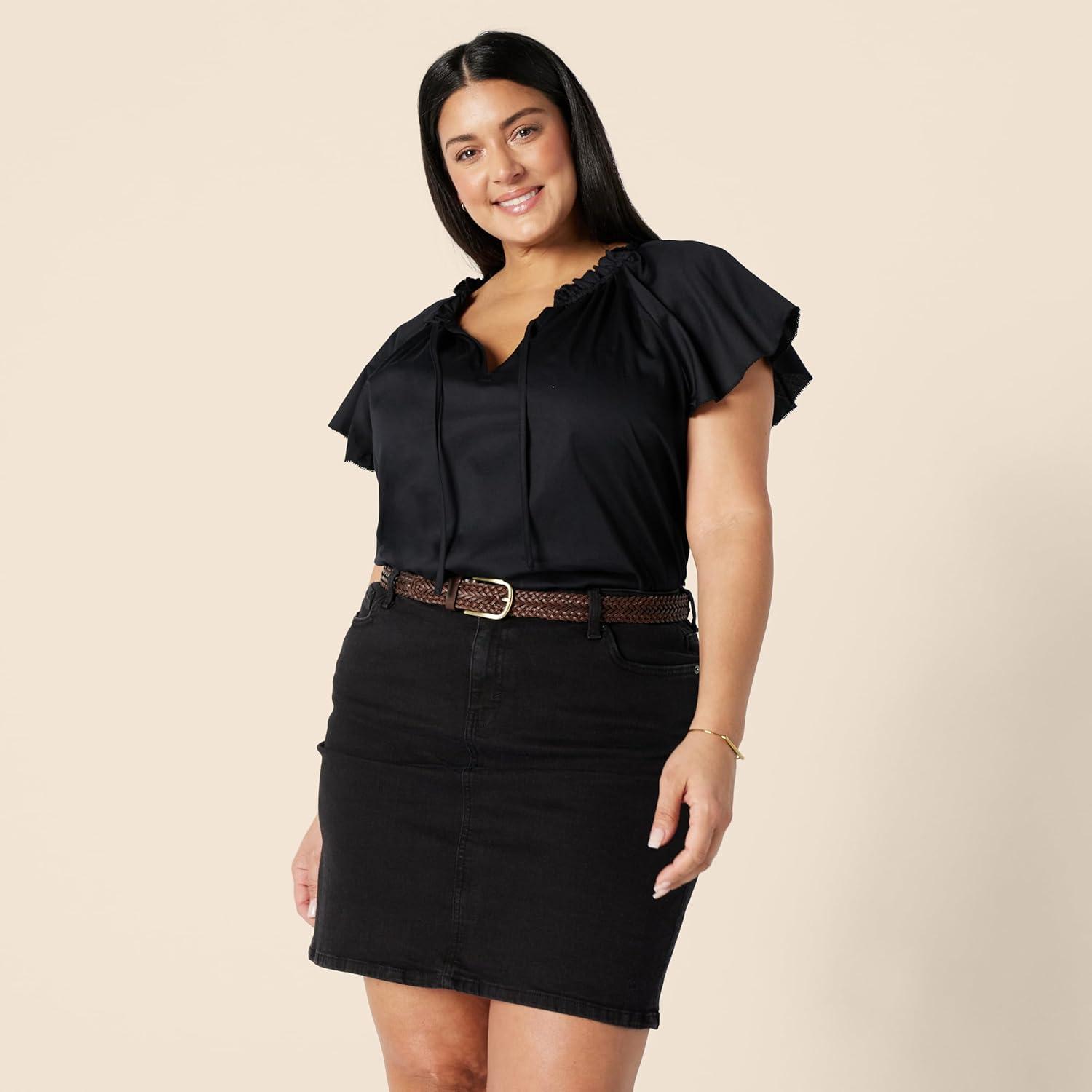 imageAmazon Essentials Womens RelaxedFit Cotton Sateen Flutter Sleeve BlouseBlack