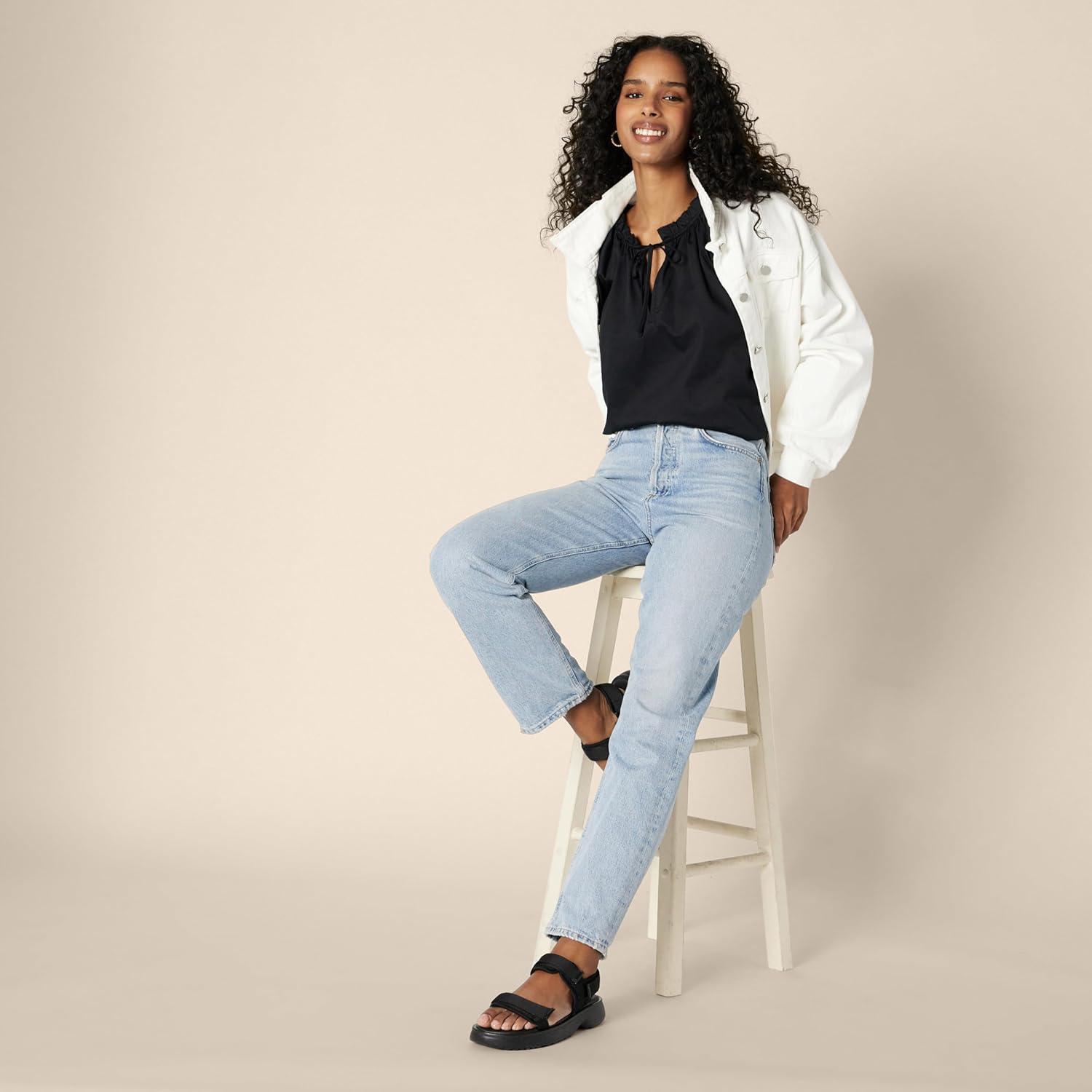 imageAmazon Essentials Womens RelaxedFit Cotton Sateen Flutter Sleeve BlouseBlack