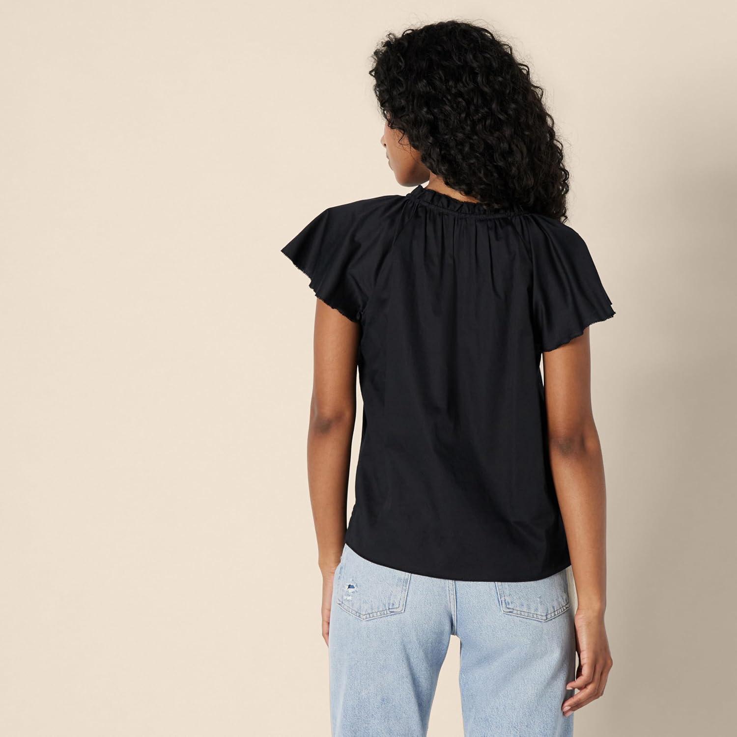 imageAmazon Essentials Womens RelaxedFit Cotton Sateen Flutter Sleeve BlouseBlack