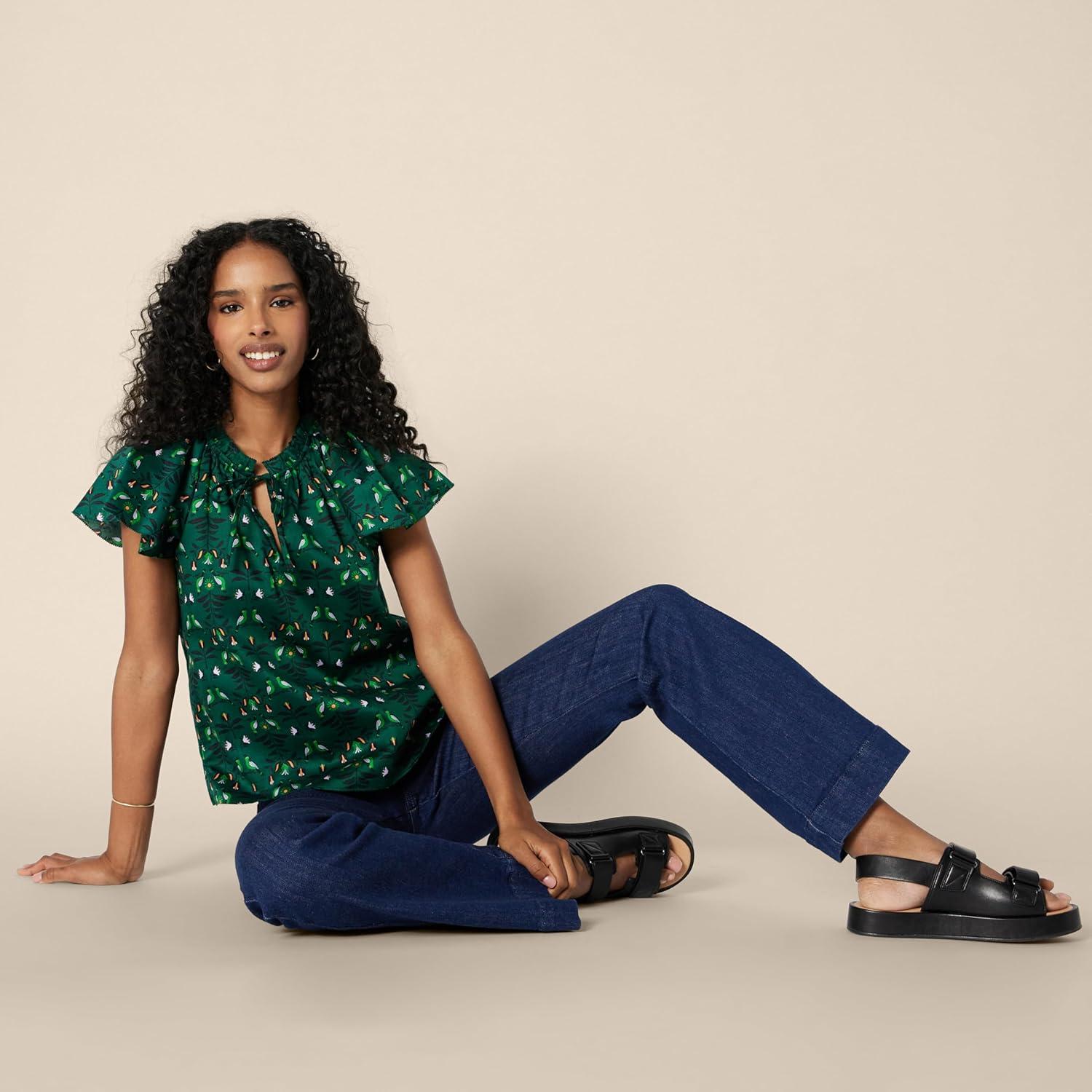 imageAmazon Essentials Womens RelaxedFit Cotton Sateen Flutter Sleeve BlouseDark Green Green Birds