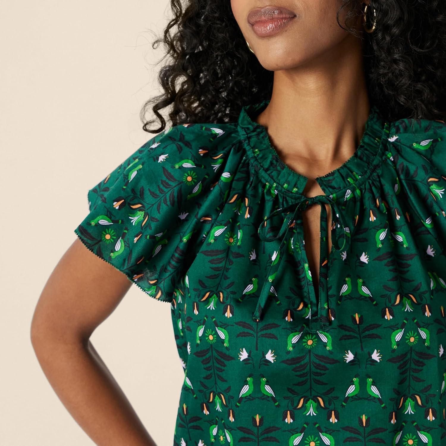 imageAmazon Essentials Womens RelaxedFit Cotton Sateen Flutter Sleeve BlouseDark Green Green Birds