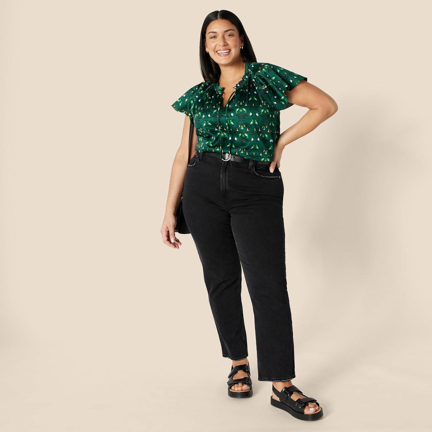 imageAmazon Essentials Womens RelaxedFit Cotton Sateen Flutter Sleeve BlouseDark Green Green Birds