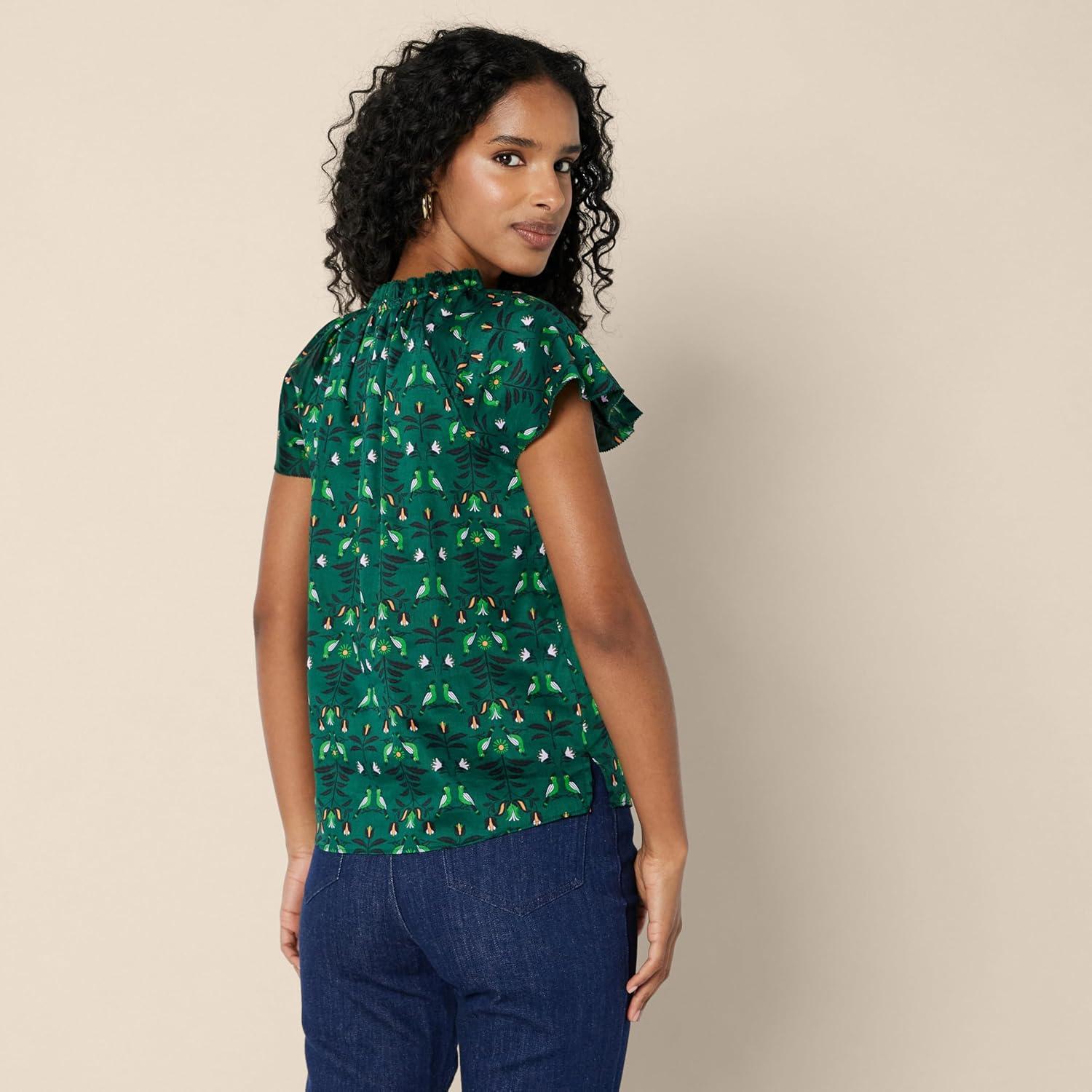 imageAmazon Essentials Womens RelaxedFit Cotton Sateen Flutter Sleeve BlouseDark Green Green Birds