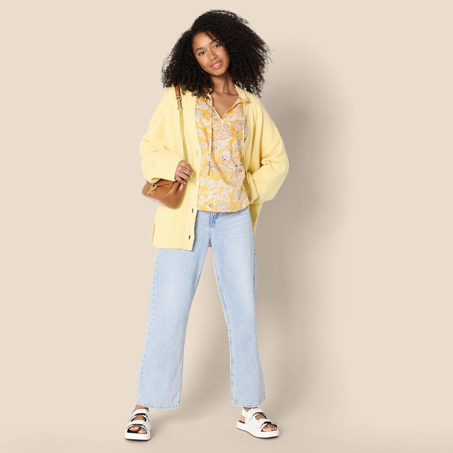 imageAmazon Essentials Womens RelaxedFit Cotton Sateen Flutter Sleeve BlouseGolden Yellow Multi Folk Floral