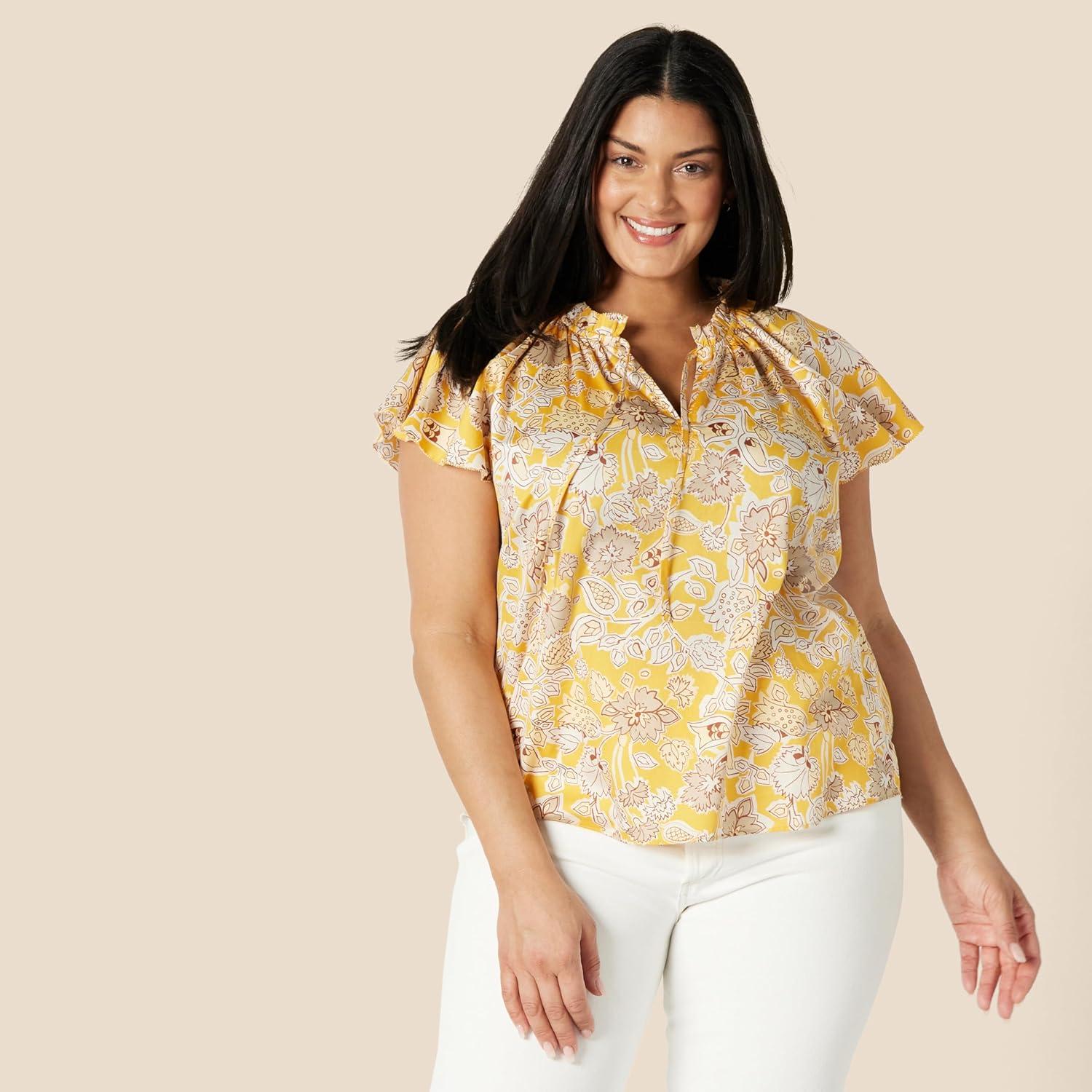 imageAmazon Essentials Womens RelaxedFit Cotton Sateen Flutter Sleeve BlouseGolden Yellow Multi Folk Floral