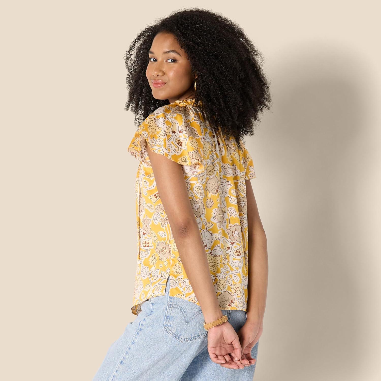 imageAmazon Essentials Womens RelaxedFit Cotton Sateen Flutter Sleeve BlouseGolden Yellow Multi Folk Floral