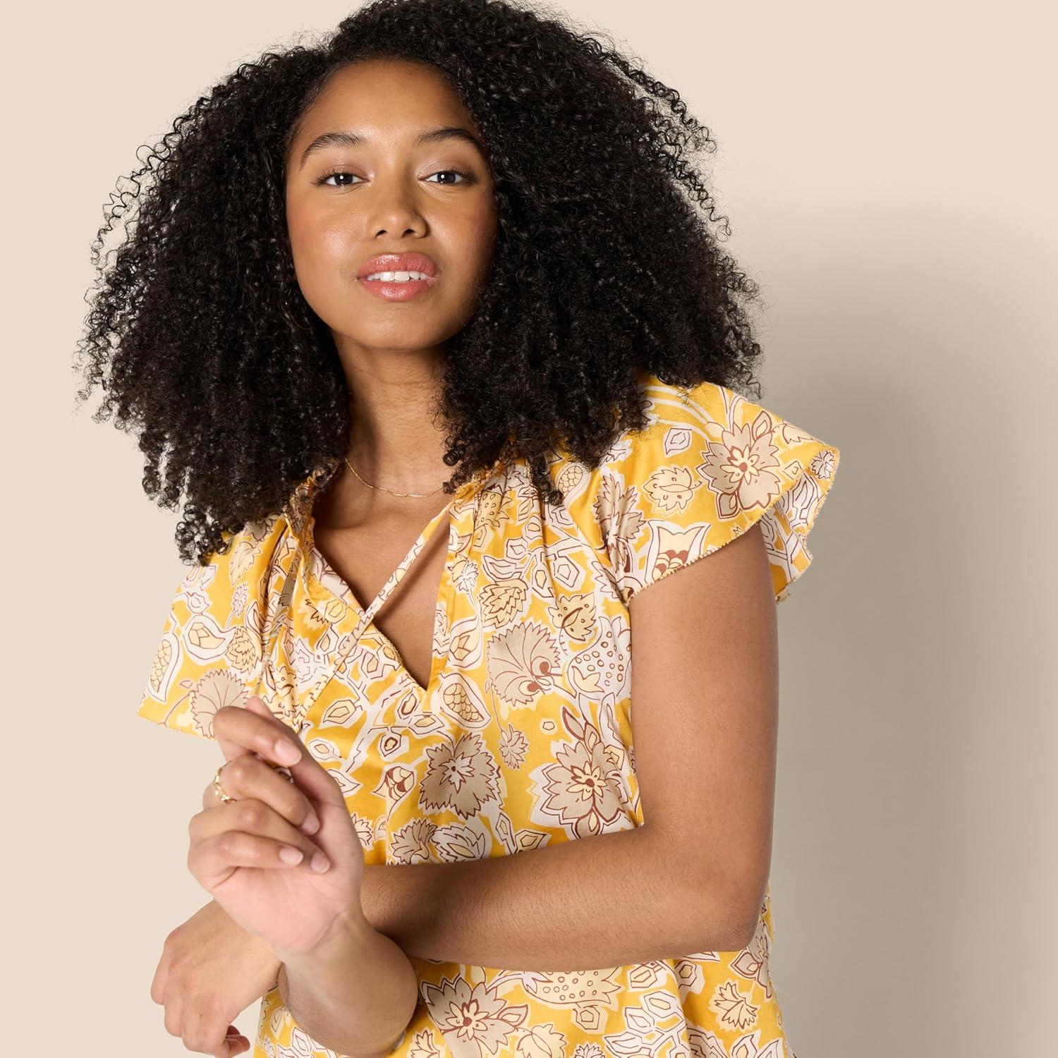 imageAmazon Essentials Womens RelaxedFit Cotton Sateen Flutter Sleeve BlouseGolden Yellow Multi Folk Floral