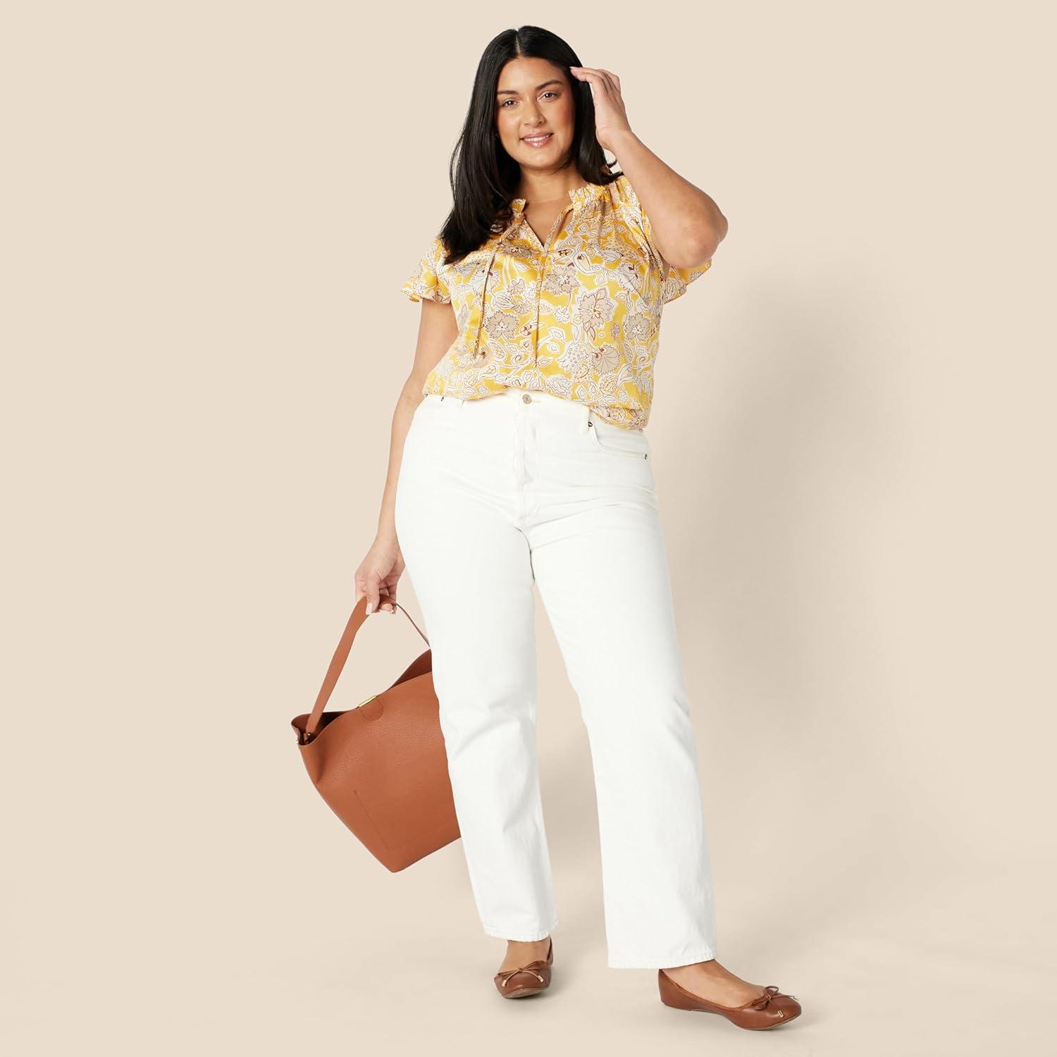 imageAmazon Essentials Womens RelaxedFit Cotton Sateen Flutter Sleeve BlouseGolden Yellow Multi Folk Floral