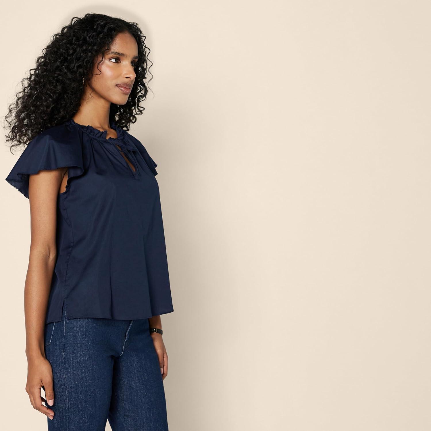 imageAmazon Essentials Womens RelaxedFit Cotton Sateen Flutter Sleeve BlouseNavy
