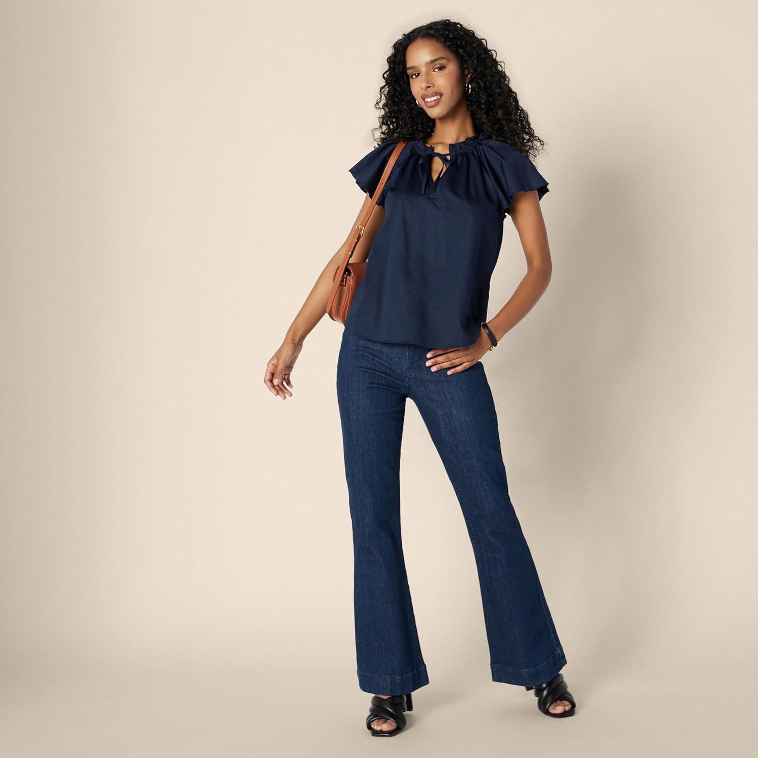 imageAmazon Essentials Womens RelaxedFit Cotton Sateen Flutter Sleeve BlouseNavy