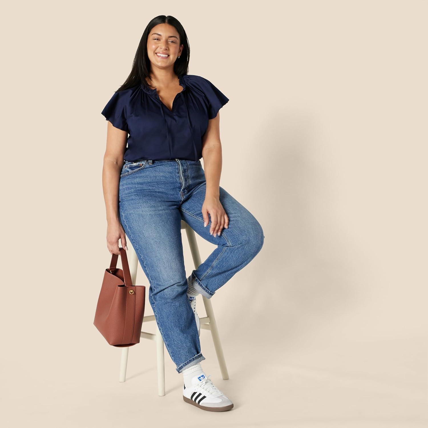 imageAmazon Essentials Womens RelaxedFit Cotton Sateen Flutter Sleeve BlouseNavy