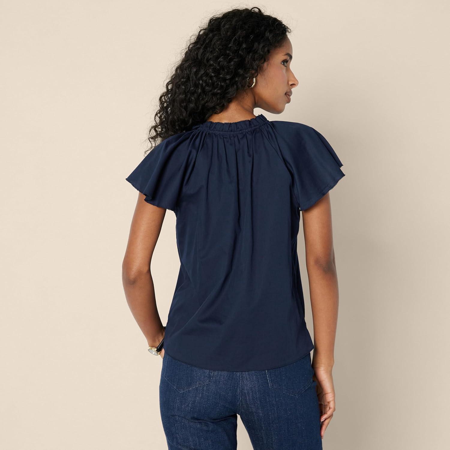 imageAmazon Essentials Womens RelaxedFit Cotton Sateen Flutter Sleeve BlouseNavy